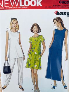 three women's dresses and one woman's purse are shown in this sewing pattern