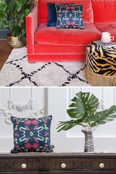 two photos one with a red couch and the other with a zebra print throw pillow