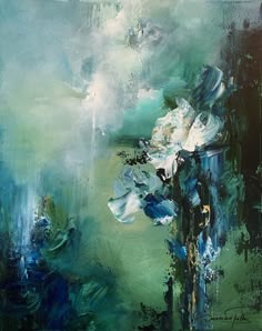 an abstract painting with blue and green colors