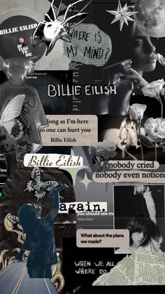 a collage of images with words and pictures on them, including an image of a woman's face