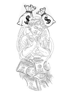 a black and white drawing of a woman reading a book with money bags on her head