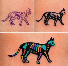 three different colored tattoos on the back of someone's arm with cats and bones