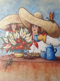 two women with hats on their heads are sitting at a table and one woman is holding a blue teapot