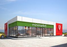 an artist's rendering of the exterior of a mini - market with cars parked outside