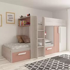 a white bunk bed sitting in a bedroom next to a book shelf and rug on top of a hard wood floor