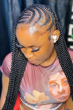 Cornrows Box Braid And Cornrow, Feed In Cornrows With Box Braids, One Side Braided Hairstyles, Side Part Twist, Cornrow Braids Ideas, Cornrow Twist, Cornrow Ponytail Styles, Braided Cornrows, Braiding Ideas