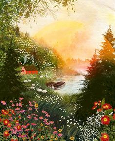 a painting of a boat in the water surrounded by wildflowers and other flowers