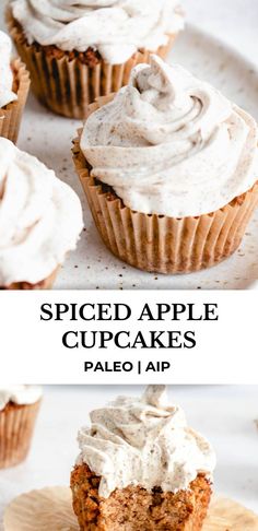 cupcakes with white frosting on top and the words spiced apple cupcakes pale iap