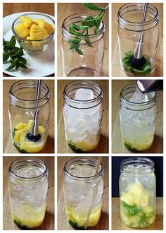 there are many different pictures of lemons in mason jars with mint leaves on them