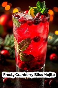 frosty cranberry bliss mojito with mint garnish and lime