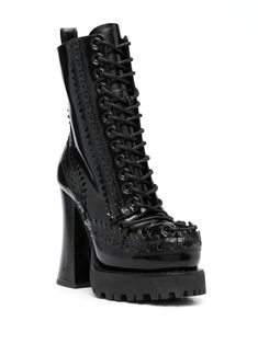 jet black calf leather patent finish perforated detailing pull-tab at the heel round toe front lace-up fastening side zip fastening branded leather insole 120mm block heel ridged rubber sole Rococo Shoes, Moschino Boots, Fashion Archive, Black Leather Boots, Boots Black, Jet Black, Pull Tab, Moschino, Calf Leather