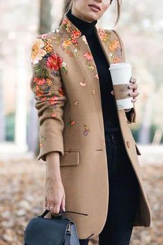 Brown Long Coat Blazer For Spring, Brown Long Sleeve Blazer For Spring, Brown Blazer For Spring, Spring Brown Blazer, Fitted Brown Outerwear For Spring, Women Overcoat, Collar Coat, Collared Coat, Floral Jacquard