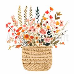 a basket filled with lots of flowers on top of a white background