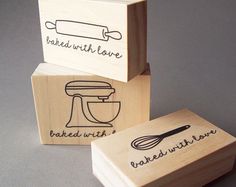 three wooden blocks with kitchen related stamps on them