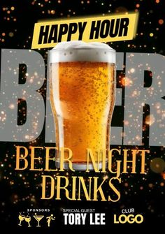 happy hour beer night drinks flyer with glass full of beer on black and gold background