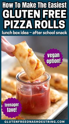 small pizza roll being dipped into red sauce Gluten Free Pizza Rolls, Gluten Free School Lunches, Best Lunch Box, Gluten Free Pizza Dough, Homemade Pizza Rolls, Pizza Roll Up, Lunch Box Idea