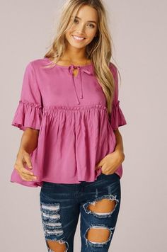 (1) Hollie Top – The Nod Boutique Pink Ruffle Hem Top For Summer, Pink Ruffle Sleeve Top For Day Out, Pink Ruffle Top With Flutter Sleeves, Cute Flutter Sleeve Blouse For Summer, Cute Summer Blouse With Flutter Sleeves, Flowy Pink Tops With Ruffle Sleeves, Spring Short Sleeve Blouse With Bow, Summer Blouse With Bow And Short Sleeves, Spring Blouse With Bow For Day Out