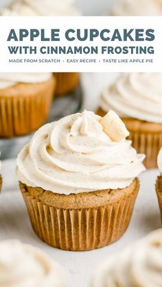 cupcakes with cinnamon frosting are on a white surface and the title reads, apple cupcakes with cinnamon frosting made from scratch - easy recipe