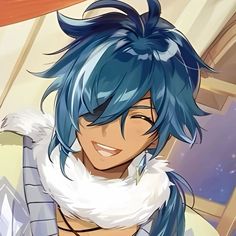 an anime character with blue hair and white fur collar smiling at the camera while standing in front of a window