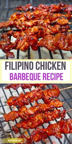 chicken skewers are being cooked on a grill with the words,'save pin it