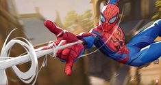 a spider - man flying through the air with his hands on a rope in front of buildings