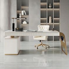 a white desk and chair in a room with bookshelves on the wall behind it