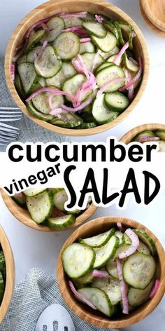 three wooden bowls filled with cucumber salad on top of a white tablecloth