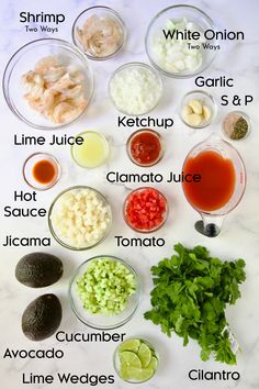 the ingredients needed to make an avocado salad laid out on a white counter