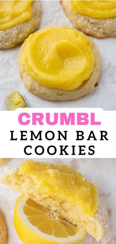 crumbl lemon bar cookies with powdered sugar on top and the words crumbl