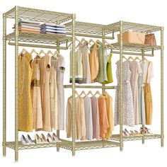 a rack with clothes and shoes on it