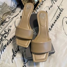 Brand New- Never Worn! Perfect Condition. Super Stylish And Comfy. Trendy Beige Sandals For Night Out, Beige Sandals With Heel Strap For Night Out, Beige Open Toe Sandals For Night Out, Beige Synthetic Sandals For Night Out, Heeled Sandal, Vince Camuto Shoes, Vince Camuto, Mule, Heeled Mules