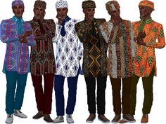 five african men in colorful clothing standing next to each other with their hands on their chins