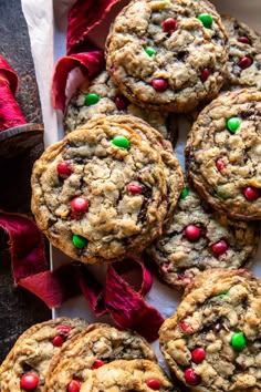 chocolate chip cookies with m & m candy on top