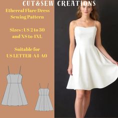 a woman wearing a white dress with spaghetti straps and cut - sew creations sewing pattern