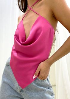 Model is wearing a size small US (2) Open back halter Barbie pink color Mix-match straps Hot pink open back halter. Perfect brunch days and date nights! Bandana Top, Nashville Outfits, Perfect Summer Outfit, Next Stop, Woven Top, Tie Top, Pink Satin, Vintage Silk, Top 100