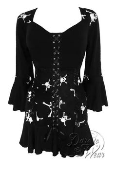 Life is a cabaret, ol' chum, and you're the star of the show! you'll be ready for center stage wearing our cabaret top - its contrasting printed panels and center lace-up create the look of a slimming, structured corset. Other crowd-pleasing features include the stylish diamond-shaped neckline, lovely black lace, and a flirty flounce that skims the hips. We made this top in a variety show of prints, from flowers to stripes to skulls, so whatever your act, you'll have no trouble stealing the show! 

- printed panels and center lace-up create slimming corset look 
- stylish diamond-shaped neckline 
- flared three-quarter sleeves 
- hip-skimming flounce 
- stretch fabric and spaghetti ties for custom fit 

*60% rayon, 40% polyester 
*machine wash cold, line dry 
*made in san francisco, usa Plus Size Gothic, Corset Looks, Club Party Dresses, Bandage Dress Bodycon, Jolly Roger, Victorian Gothic, Gothic Outfits, Boho Women, Cabaret