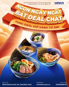 an advertisement for a restaurant called bat deal chat, with three bowls of food in the middle