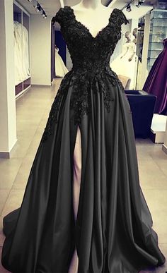 Black Satin Slit Dresses Debut Gowns, Cap Sleeve Prom Dress, Black Wedding Gowns, Dresses With Lace, 2023 Prom, Satin Formal Dress, Satin Evening Gown, School Prom, Lace Evening Gowns