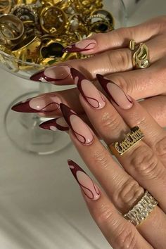 Perfect for transitioning into the cooler weather, these Burgundy French tips will elevate any outfit. #affiliates Burgundy Nail Designs, Wine Nails, October Nails, Smink Inspiration, Classy Acrylic Nails, Makijaż Smokey Eye, Burgundy Nails