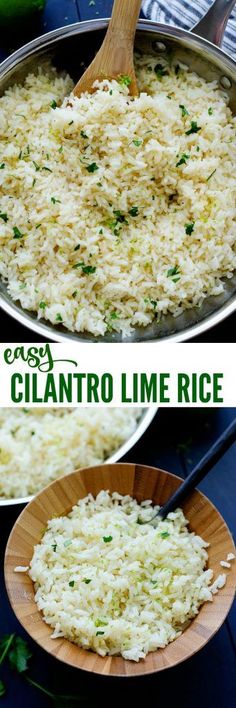 two pictures showing how to make cilantro lime rice