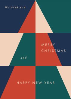 a merry christmas and happy new year card with an abstract design in red, green, blue, and white