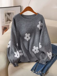 Oversize Damen Grau Blumen Muster Locker Rundhals Eleganter Pullover Verschiedenfarbig Lässig  Langärmelig Kammwolle Geblümt,Pflanzen Pullover Medium Stretch  Women Plus Clothing, size features are:Bust: ,Length: ,Sleeve Length: Plus Size Pullover, Elegant Sweater, Hoodie Coat, Mom Sweatshirt, Plus Size Sweaters, Grey Floral, Winter Outfits Women, Winter Coats Women, Kids Sleepwear