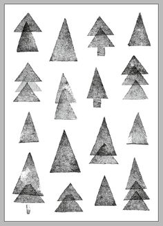 a set of twelve black and white christmas trees on a white background, each with different shapes