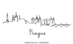 prague skyline in black and white with the word prague