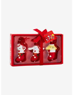 hello kitty christmas ornament set in red gift box with ribbon, 3 pieces