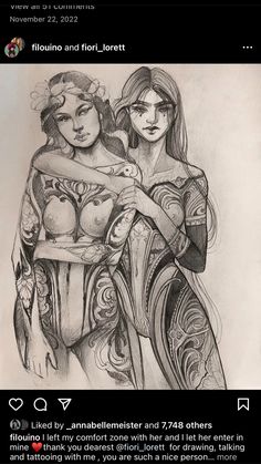 a drawing of two women hugging each other with the caption's description below