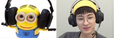 a young man wearing headphones next to an image of a minion with headphones