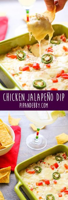 chicken jalapeno dip in a green casserole dish with tortilla chips