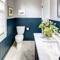 a white toilet sitting in a bathroom next to a sink under a framed picture on the wall