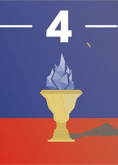 the number four is in front of a blue and yellow vase with an iceberg on it